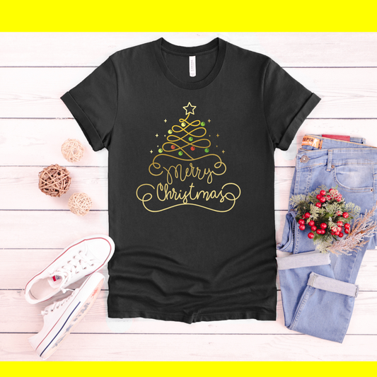 Black Tshirt Merry Christmas Gold Writing Tshirt